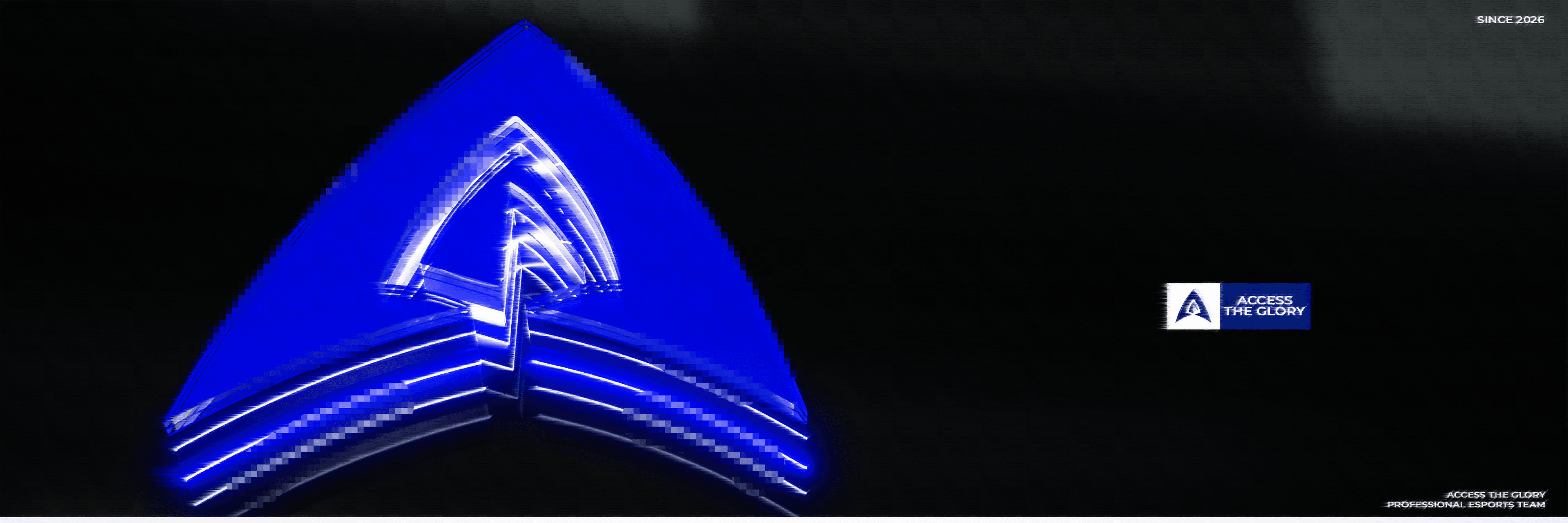 Pixelated version of the Access The Glory banner with a glowing blue 3D logo