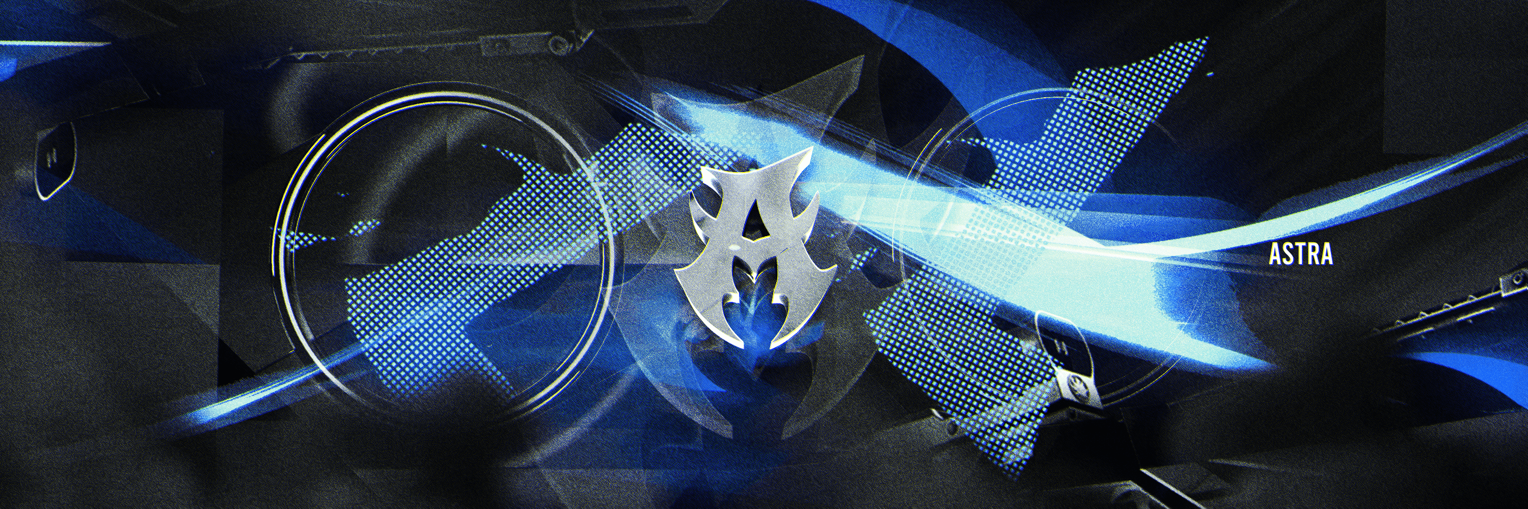 Astra banner with a chrome A emblem and blue light streaks