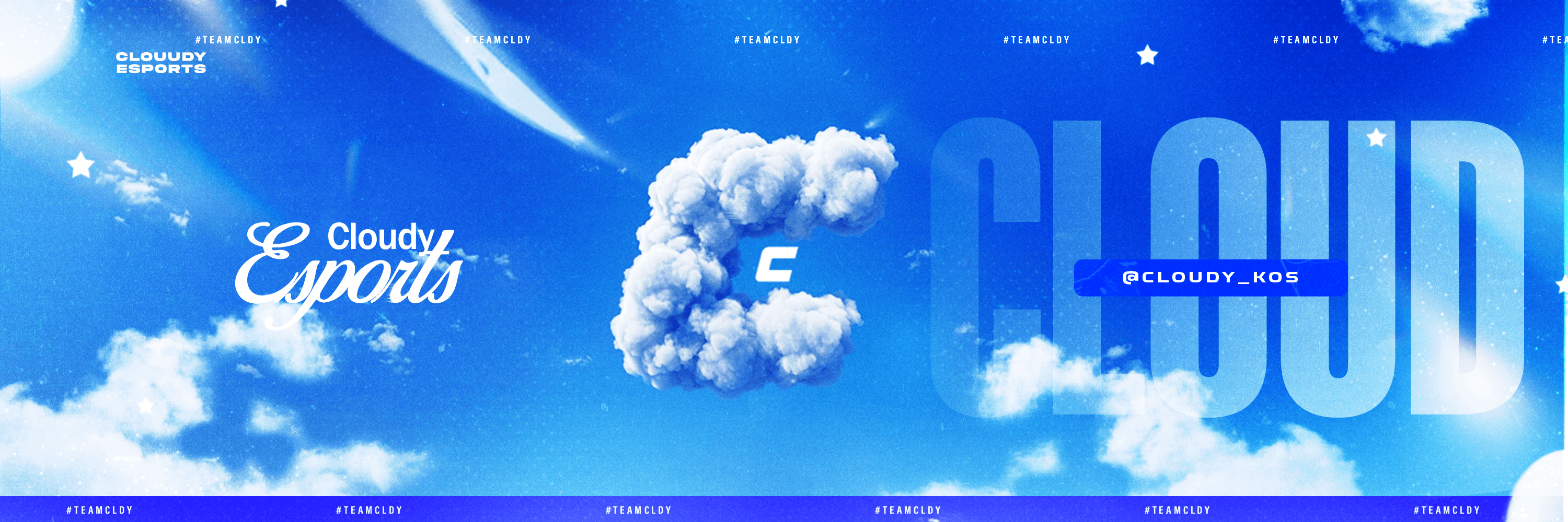 Cloudy Esports banner with a cloud-shaped C logo in a bright blue sky