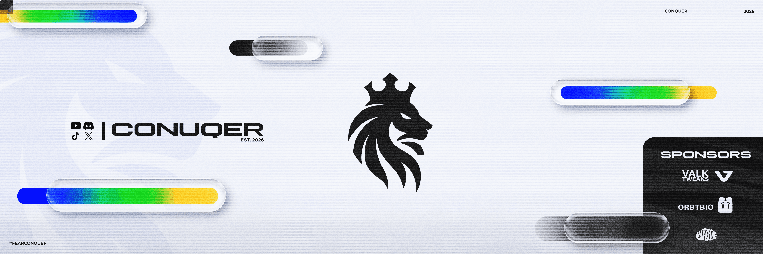 Conquer banner with a crowned lion logo, gradient glass pills and a sponsor panel