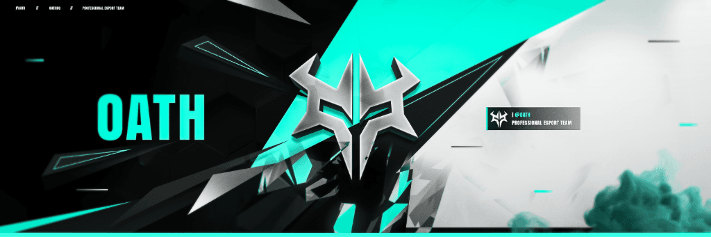 Oath banner with a horned silver emblem on a black and teal split background