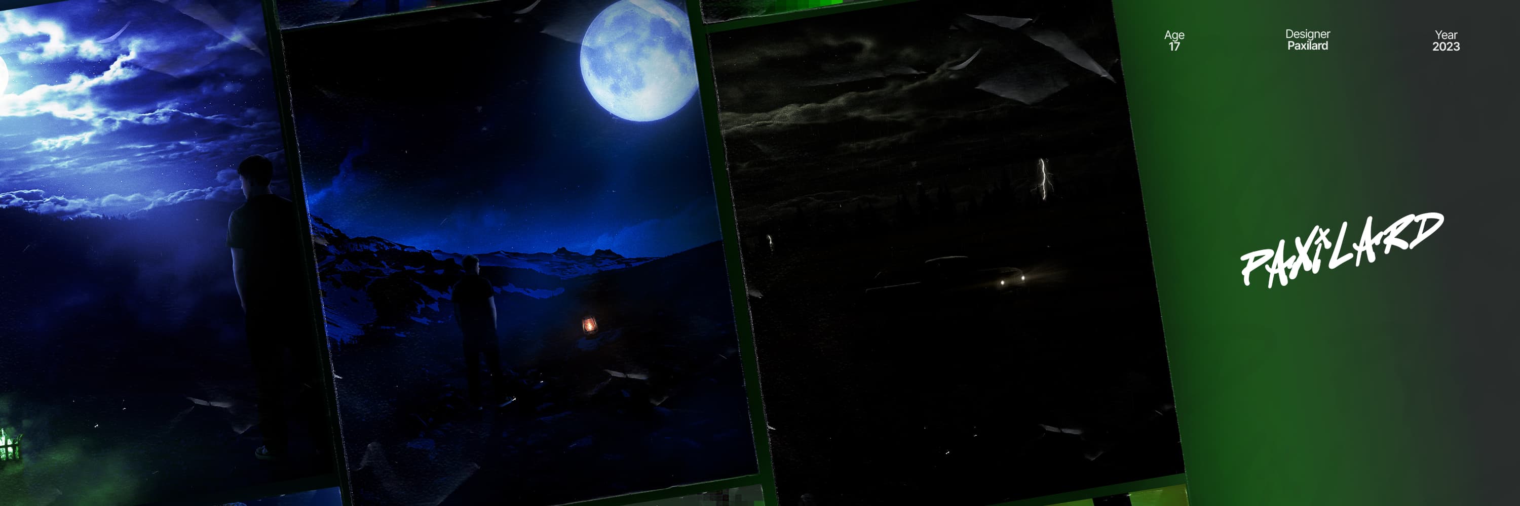 PAXILARD header showcasing three moonlit poster artworks on a green gradient