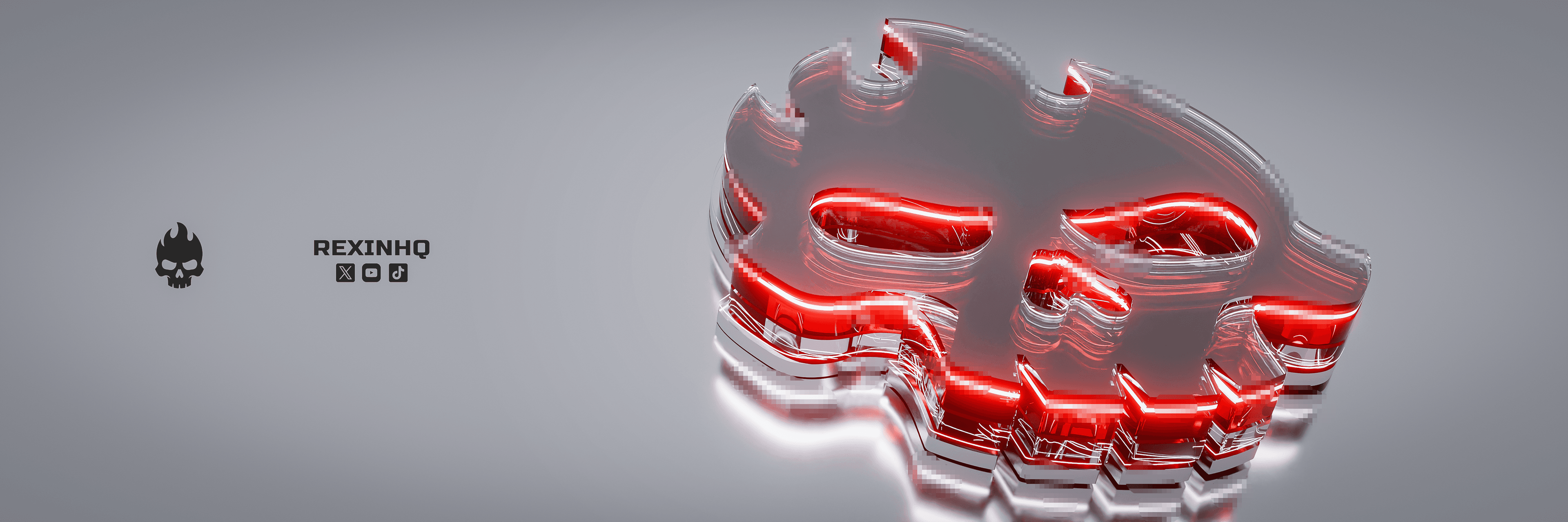 RexinHQ banner with a glossy red and chrome 3D skull logo on a grey backdrop