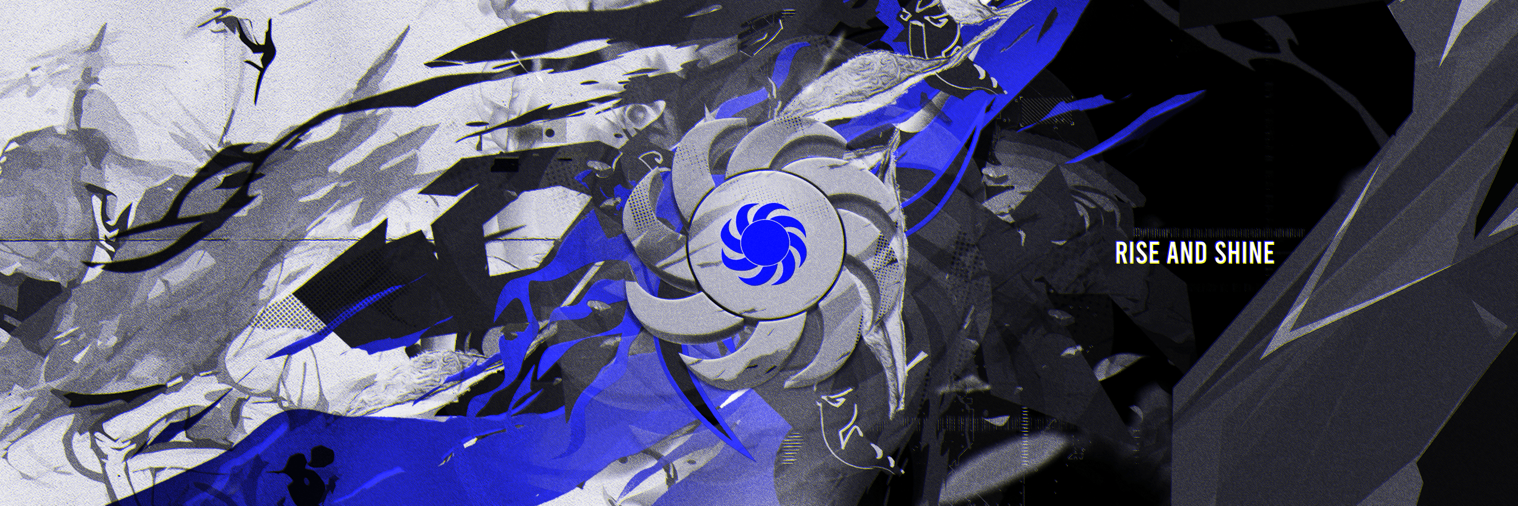 Rise and Shine banner with a blue sun emblem over abstract black and white shapes
