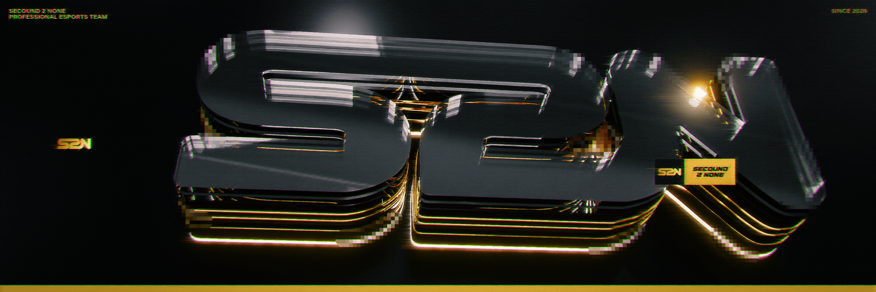 Pixelated version of the Secound 2 None banner with black and gold 3D lettering