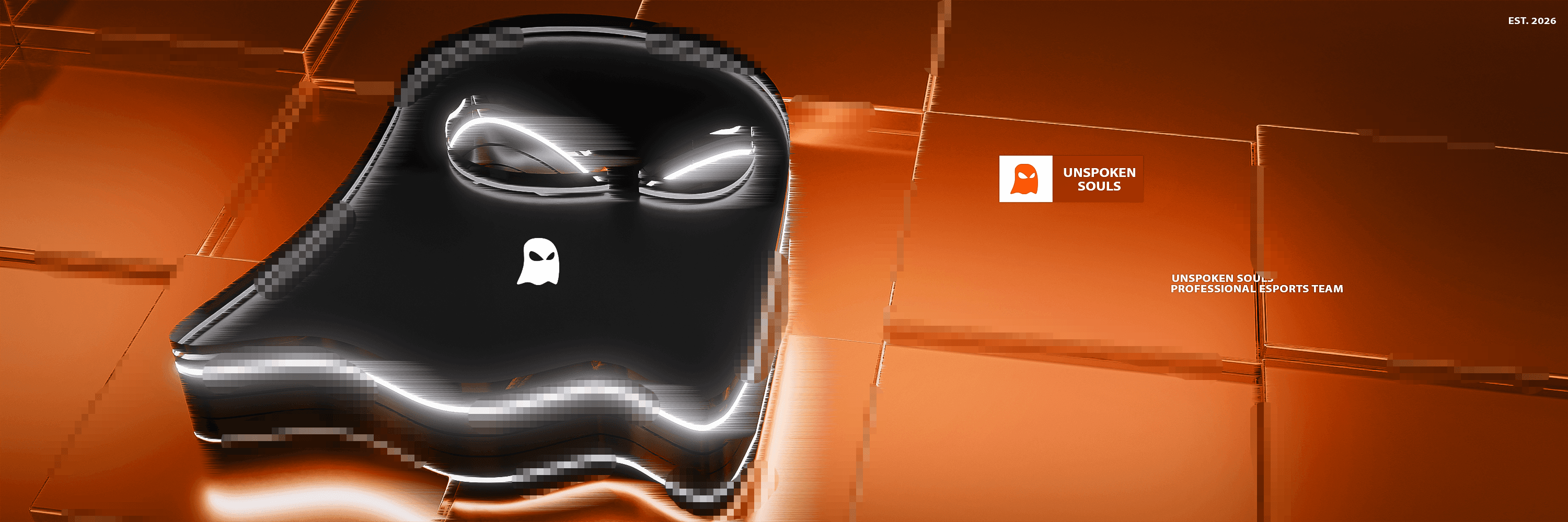 Unspoken Souls banner with a black 3D ghost logo on orange tiles
