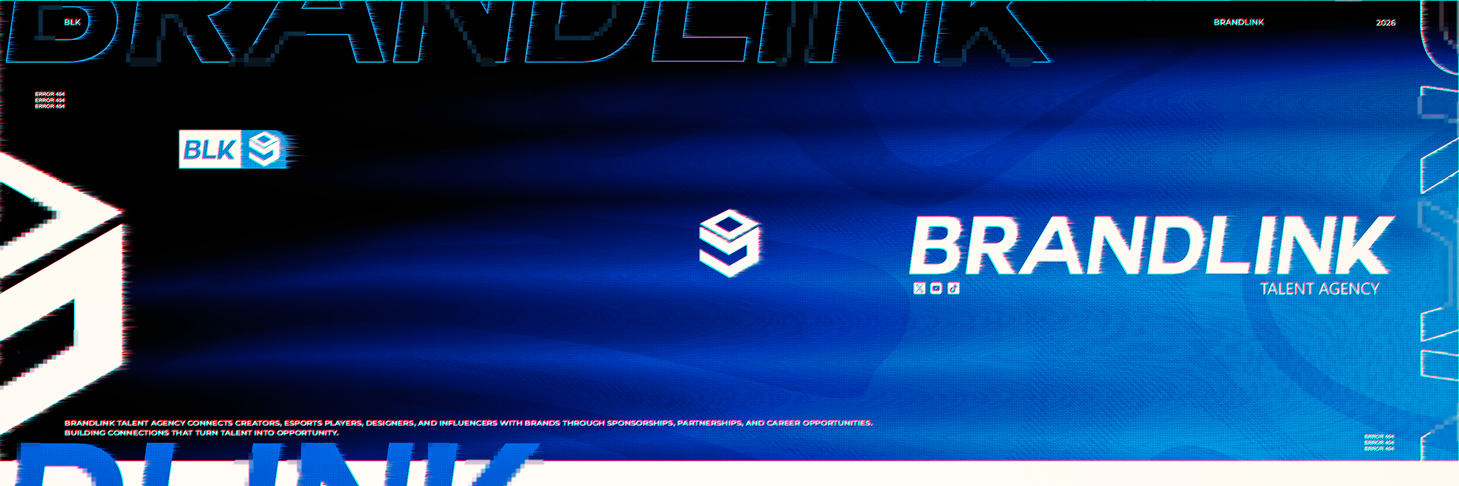 Brandlink Talent Agency banner with glitch typography on deep blue