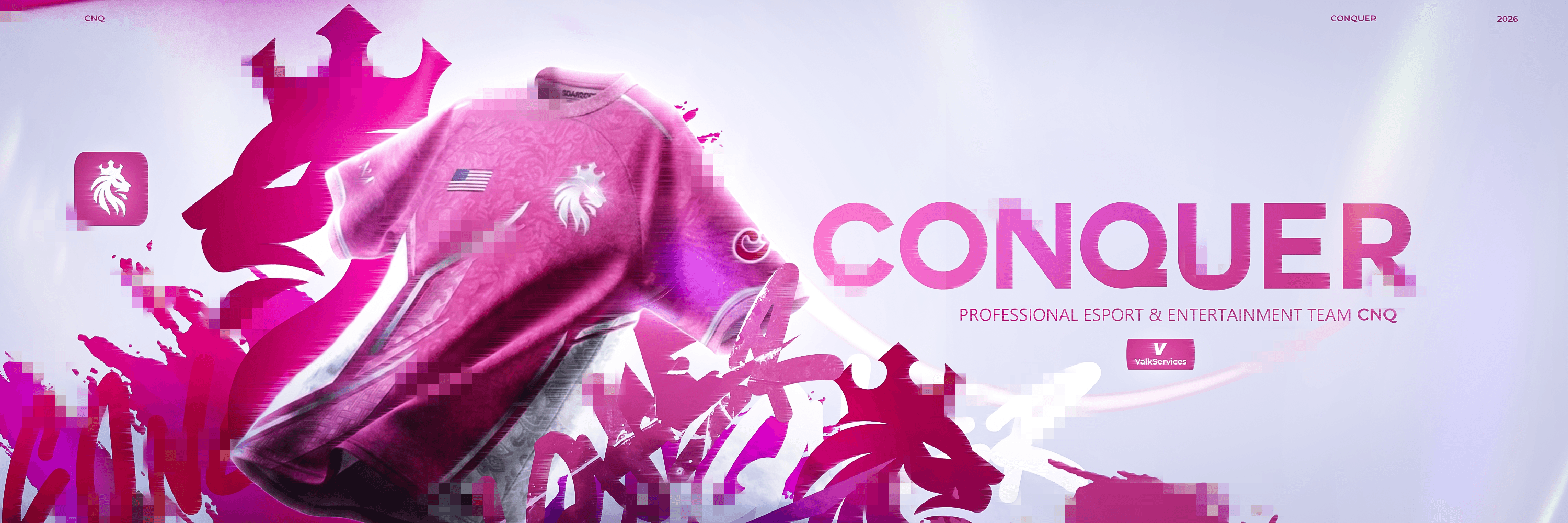 Conquer banner featuring a pink team jersey and crowned lion artwork