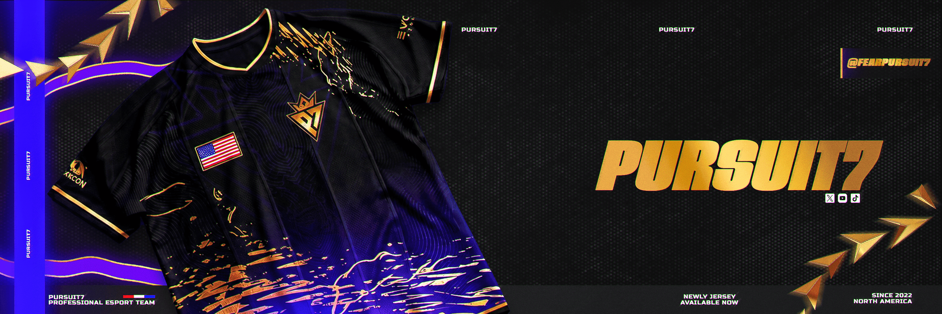 Pursuit7 banner with a black and gold team jersey and gold lettering