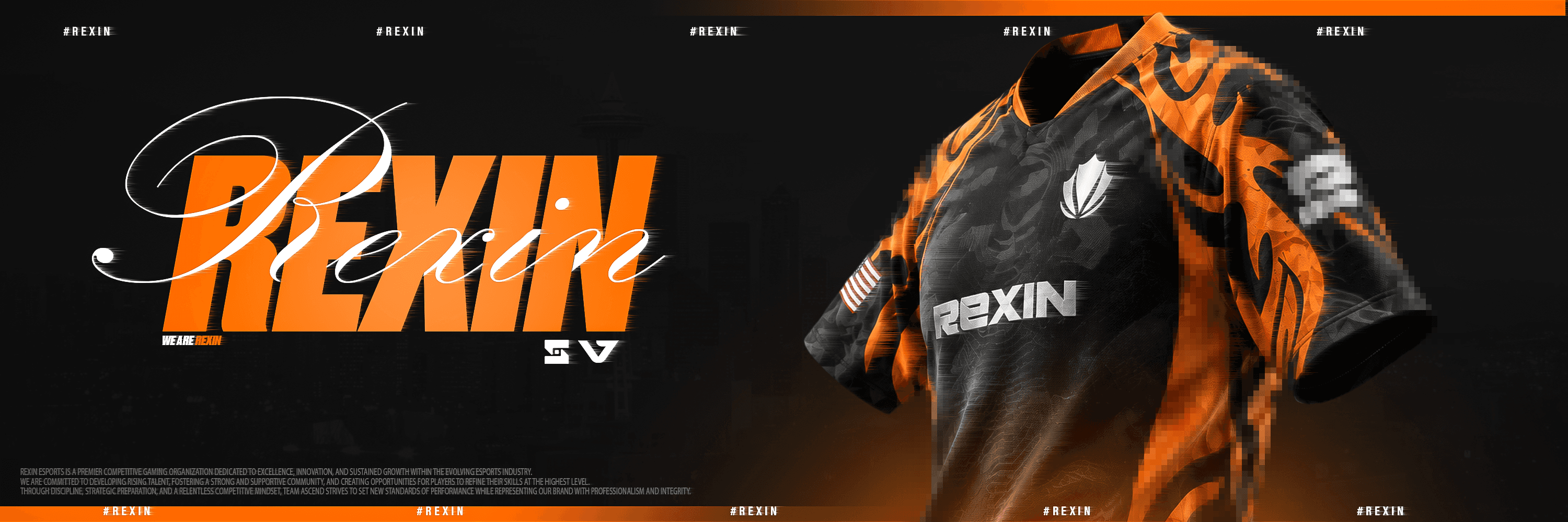 Rexin banner with an orange and black team jersey and script lettering