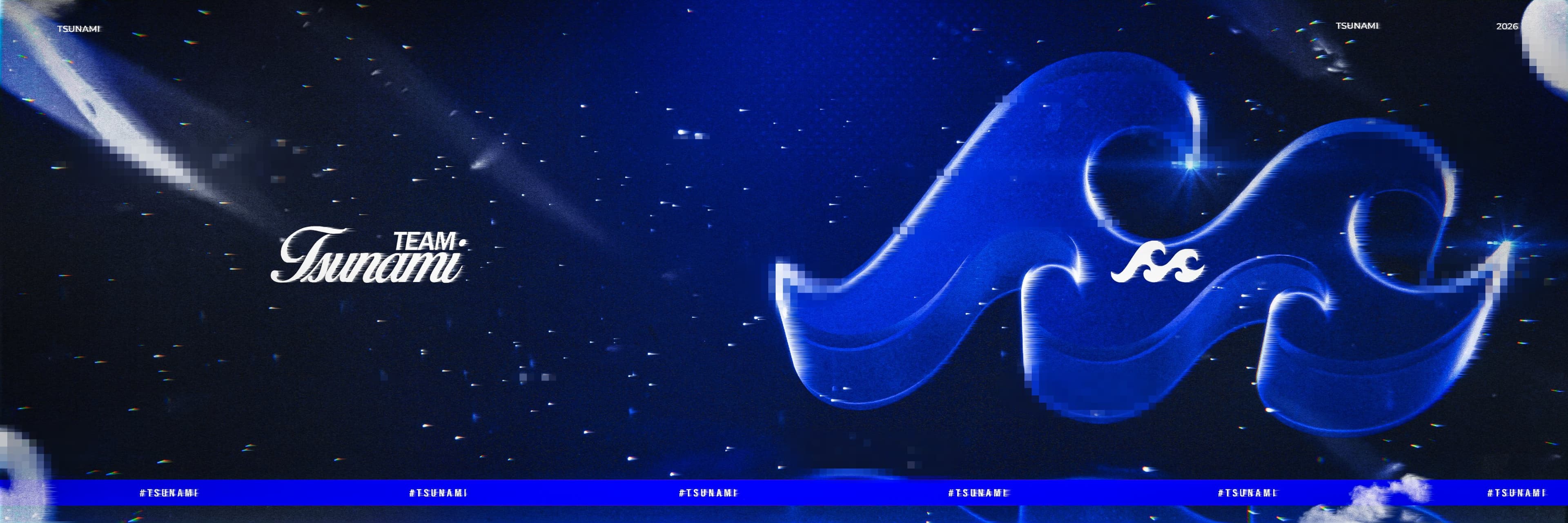 Team Tsunami banner with a glossy blue 3D wave logo in deep space