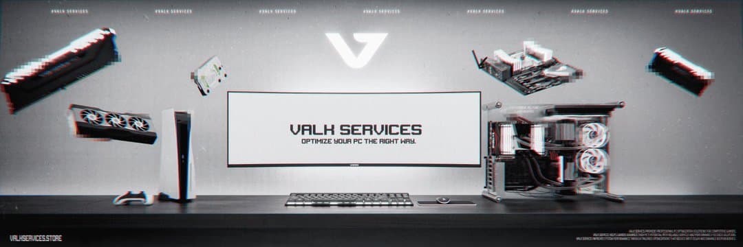 Valk Services banner with floating PC parts around a monochrome desk setup