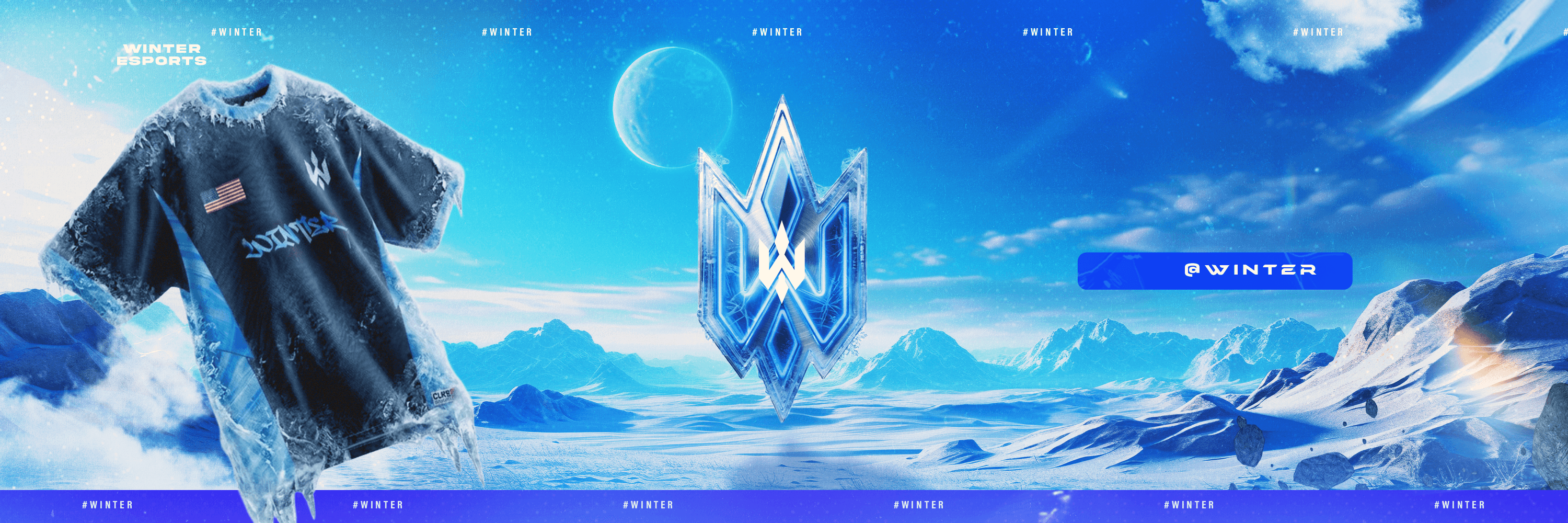 Winter Esports banner with an ice crest, a frozen jersey and snowy mountains